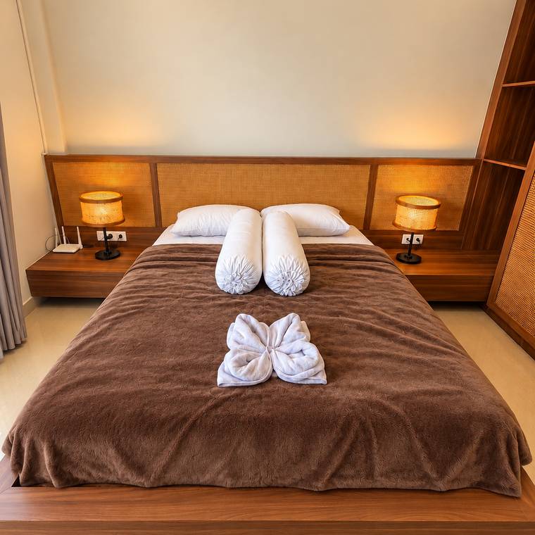 Double bed with wardrobe and bedside lamps