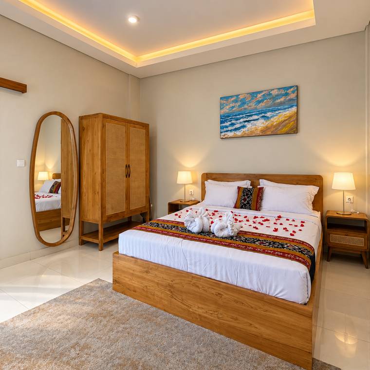 Bedroom with teak wardrobe and dressing mirror