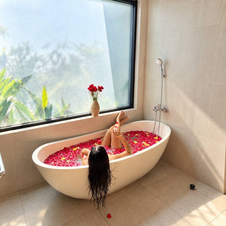 Guest soaking in the freestanding tub, scattered with flowers
